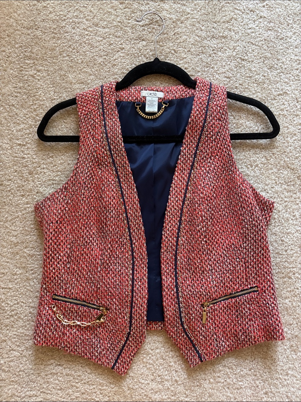 Cache Pink Tweed Vest with Navy Trim and Gold Chain Accents